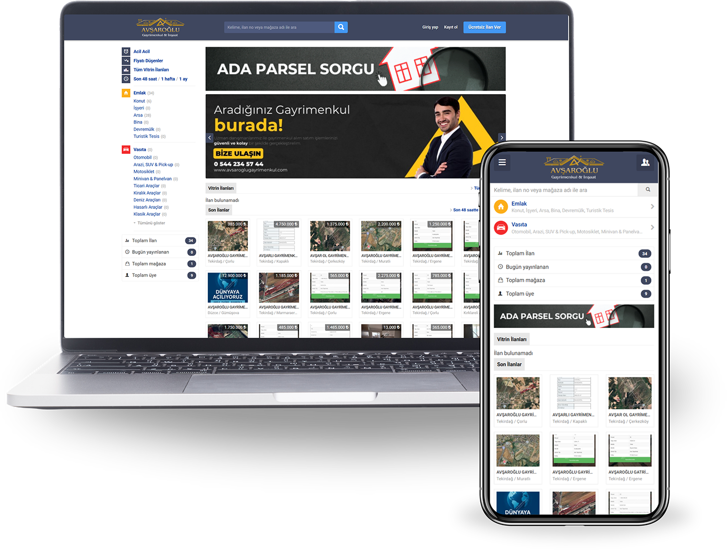 Avşaroğlu Gayrimenkul ilan portalı — özel web yazılım